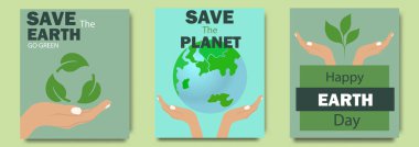 Dünya günü kartları. Küresel hayat kurtaran posterler, ekoloji ve çevre bakımı, sevimli kızlar gezegene sarılıyor, yeşil enerji, destek tesisleri, poster şablonları. Doğayı koruma ekolojisi kavramı