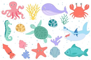 Elle çizilmiş deniz canlıları seti. Beyaz arka planda izole edilmiş şirin deniz hayvanları ve balıklar. Çizgi film okyanus balığı, deniz atı, denizanası, kirpi balığı, denizyıldızı, yunus, kaplumbağa.
