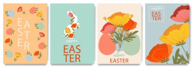 Mutlu Paskalya tebrik kartları, posterler, tatil örtüleri. Typography ile moda vektör tasarımı, bahar el çizimleri çiçekler, pastel renklerde yumurtalar ve tavşanlar. Modern sanat minimalist tarzı