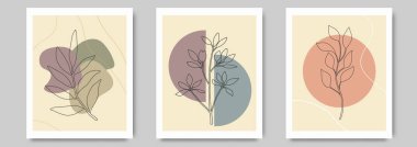 Çizgili Yapraklar ve Organik Şekillerle Botanik Duvar Sanatı Seti. Modern Yaprak Çizgisi Sanat Çizimi. Soyut Yaratıcı Duvar Sanatı Yazı, Poster, Kapak Tasarımı. Minimalist Boho Posteri