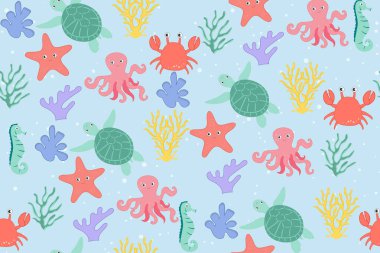 Deniz hayvanlarının renksiz desenleri. Ambalaj kağıdı, duvar kağıdı, çıkartma, defter kapağı için deniz kabuklarının modaya uygun desenleri.