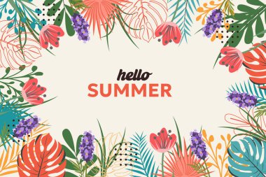 Çiçekli tropik arka plan. Merhaba yaz. Soyut yaz arkaplanı, afiş, bahar çiçekleri ve yapraklı poster. Modern moda renkli tasarım. Reklam, web, sosyal medya şablonu