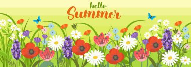 Çiçeklerin çiçek açtığı kusursuz yatay bir bayrak. Duvar kağıtları, afişler, el ilanları, davetiyeler, posterler için beyaz arkaplan üzerinde yaz botanik düz vektör çizimi