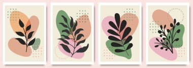 Soyut botanik sanatı. Şekil duvar posterleri, İskandinav bitki örtüsü arka planı, yaprak bitkisi. Siyah tropikal yapraklar, bahar kartı modern tasarım, vektör illüstrasyon seti
