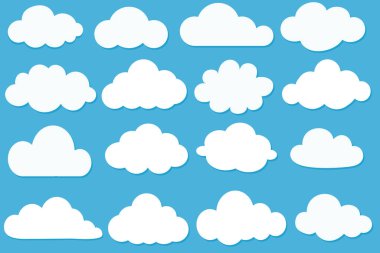 Cartoon cloud set. Clouds isolated on blue sky panorama vector collection. Cloudscape in blue sky. Many white clouds for design clipart