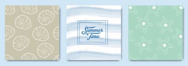 Elle çizilmiş deniz kabukları, nötr renkler, minimum İskandinav tarzında deniz temalı vektör illüstrasyonları. Yaz tatili, yolculuk, tatil gezisi çizimleri.