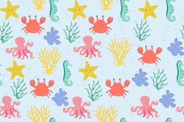 Deniz hayvanlarının renksiz desenleri. Ambalaj kağıdı, duvar kağıdı, çıkartma, defter kapağı için deniz kabuklarının modaya uygun desenleri.