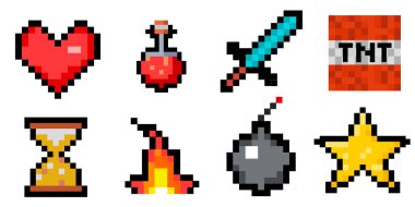 8-bit piksel oyun grafikleri ayarlandı. İksir şişeleri, ateş alevi, kılıç, meşale, zümrüt ve kalp. Piksel oyunu için nesneler. Oyun geçmişi konsepti. Minecraft konsepti. Vektör illüstrasyonu