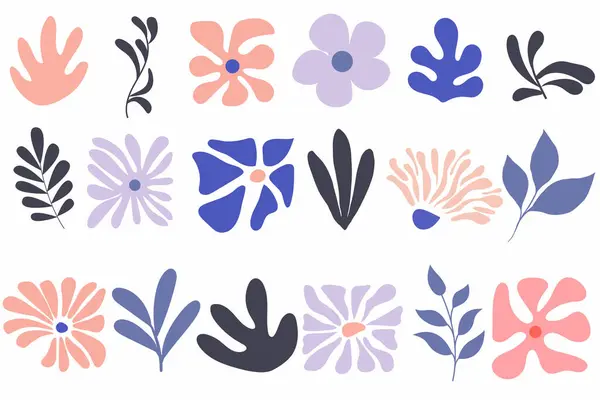 Soyut çiçek koleksiyonu, organik doğa şekilleri ve modaya uygun Matisse sanat tarzında egzotik tropik yapraklar. Çağdaş sanat çiçekleri kolajı. Kartlar, tekstil ve posterler için modern vektör yaz tasarımı