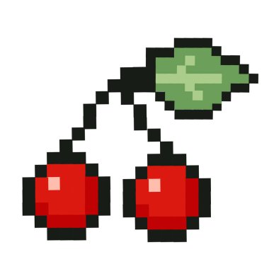 Pikselleştirilmiş kiraz. Beyaz arkaplanda izole edilmiş, 80 'ler-90' lar, dijital klasik oyun tarzı piksellerde yaz tatili simgeleri