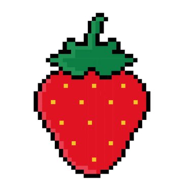 Pikselli çilek. Beyaz arkaplanda izole edilmiş, 80 'ler-90' lar, dijital klasik oyun tarzı piksellerde yaz tatili simgeleri.
