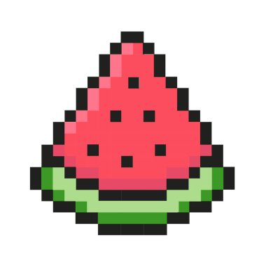 Pikselli karpuz. Beyaz arkaplanda izole edilmiş, 80 'ler-90' lar, dijital klasik oyun tarzı piksellerde yaz tatili simgeleri.