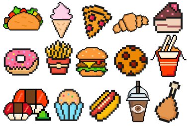 Fast food pikseli resim seti, fast restaurant pikselli elementler burger, sosisli, taco, pizza. Klasik oyun varlıkları 8-bit sprite