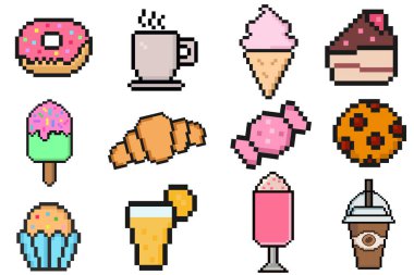 Tatlı yemek pikselleri ikonlar, fast restaurant pikselli elementler kruvasan, çörek, dondurma, kek, kahve, portakal suyu, milkshake. Klasik oyun geliştirme mobil uygulama varlıkları 8-bit sprite.