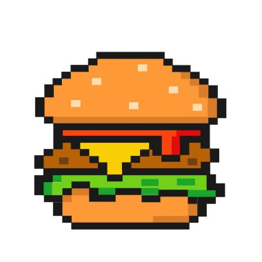 Pikselli hamburger ikonu, 8bit burger. Pikselleştirilmiş pop burger yemeği. Fast food burgeri piksel resim oyunu için piksellendi ve web sitesi için ikon. Eski moda..