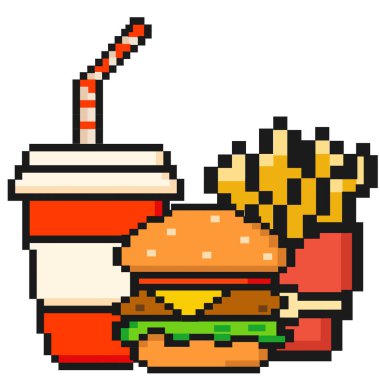 Fast food pikselli sanat hamburgeri, patates kızartması ve bir içki. Moda retro piksel sanat tasarımı tarzı. 80 'ler-90' lar, dijital klasik oyun tarzı. Klasik oyun varlıkları 8-bit sprite.