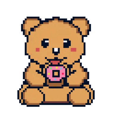 Donut ikonlu pikselli çizgi film ayısı. Piksel sanat tasarımı mavi arka planda izole edilmiş, 80 'ler-90' lar, dijital klasik oyun tarzı. Tekstil baskısı, kapak şablonu, nakış, etiket, kart tasarımı