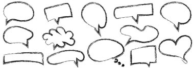 Hand drawn doodle grunge speech bubbles and dialogue emphasis. Charcoal pen line chat ballons. Marker scratch scribble wipeout. Round scrawl cloud frames. Vector illustration clipart