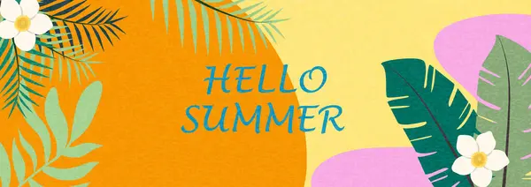 Parlak tropikal yaprakları ve çiçekleri olan yaz yatay arka planı. Satışlar için modern minimalist tarz tasarım şablonu, yatay poster, başlık, kapak, sosyal medya, moda reklamları