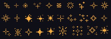 Piksel sanat yıldızları. Retro dekoratif gece pikselli parlak elementler. Gezici oyunlar için sarı, altın yıldız ve parıltı. Vektör 8-bit retro biçim illüstrasyonu.
