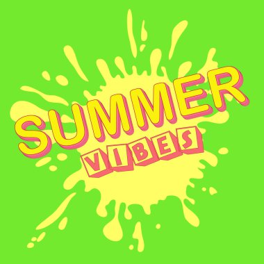 Yaz Titreşimleri. Yazın parlak arka planında kaligrafik ilham verici bir alıntı. Renkli tropikal sezon dekorasyonu için kapak tasarımı, baskılar, el ilanları, afişler, davetiyeler, özel teklifler.