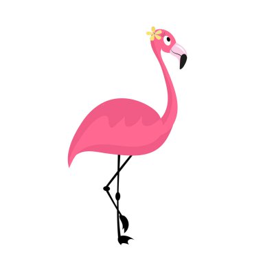 Çizgi film pembe flamingo kuşu. Beyaz arka planda izole edilmiş yaz hayvanı sevimli hayvanat bahçesi karakteri. Egzotik fauna vektör çizimi.