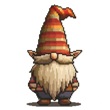  Pixel çizgi film bahçe cücesi. Gnome simgeleri beyaz arkaplanda izole edilmiş piksel sanat tasarımı, 80 'ler-90' lar, dijital klasikler oyun tarzı.