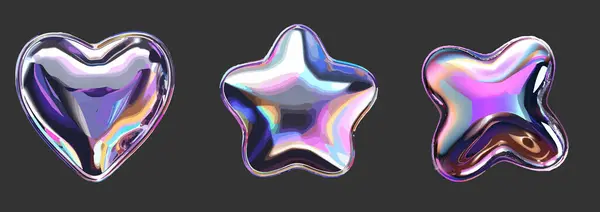 3 boyutlu krom y2k şekil seti, vektör neon sıvı yıldız, fütüristik metal parlak kalp çelik çıkartması. Geleceğin retro-estetik nesneleri siber metalik yansıma kozmik koleksiyonu. 3B krom sanatı