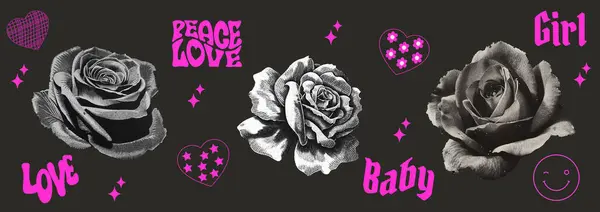 Renkli karalama elementleriyle tek renkli güller yarım ton kolajı. Çiçek karışık medya tasarımı, klasik punk çıkartmaları ve karalamalar. Grunge punk sürreal poster için Y2K estetik Vektör illüstrasyonu