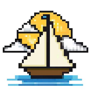 Güneş ışınlarında pikselli yat retro pikselli sanat tarzında yaz tatili için. 80 'ler-90' lar, dijital vintage oyun tarzı, çıkartmalar, çıkartmalar, baskılar, afişler, posterler