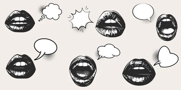 Konuşma baloncukları, dudaklar ve ağız retro fotokopi stili, grunge punk y2k kolaj tasarımı için noktalama efekti. Sancak ya da poster için klasik yarım tonlu gaddar tasarımdaki vektör unsurları