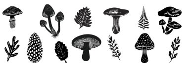 Orman mantarı, koni, retro fotokopi noktalama efektli yaprak vektörü, grunge punk y2k kolaj tasarımı için. Sonbahar doğa sezonu. Kolaj ya da poster için klasik yarım tonlu vahşi tasarım