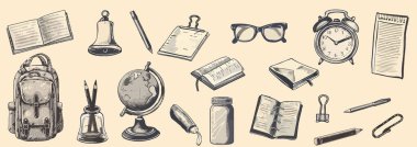 Grunge punk y2k tasarımı için okuldaki kolaj noktalama efektine geri dönelim. Yırtık kağıt, sırt çantası, kalem, küre, kağıt. Sancak ya da poster için klasik yarım ton barbar tasarımı vektör illüstrasyonu