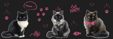 Yarım ton kolaj tarzında saf karalama elementleri olan kediler. Tek renkli klasik fotokopi efektli kediler, y2k kolajı. Grunge punk sürreal poster, baskı tasarımı, tişört.