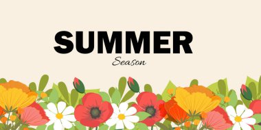 Merhaba yaz. Soyut yaz arkaplanı, afiş, yaz çiçekleri ve yaprakları olan poster. Yaz sezonu. Modern moda renkli tasarım. Reklam, web, sosyal medya şablonu.