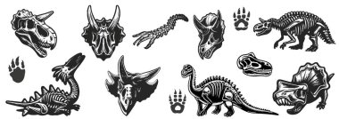 Dinozor iskeleti. Dinozor dövmeli dinozor kafatası, vektör tarih öncesi arkeoloji fosil ikonu. Jurasik sürüngen gravür etiketi, triceratops silueti, reptor kafası. Arkeoloji. Vektör illüstrasyonu.