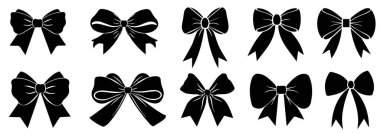 Zarif Siyah ve Beyaz Yay Siluet Koleksiyonu. Tatil, Düğün ve Hediye Paket Dekorasyonları için Vektör Simgeleri