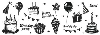 El yapımı doğum günü partisi unsurları koleksiyonu. Parti, karnaval kutlama konsepti. Pastalar, Balonlar, Hediyeler ve Dekorasyon Vektörü Ayarları