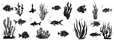 Siluet Balık Koleksiyonu ve Deniz Yosunu İllüstrasyonu. Yaz deniz retro koleksiyonu. Deniz hayatı vektörü seti. Okyanus hayvanı çizimi