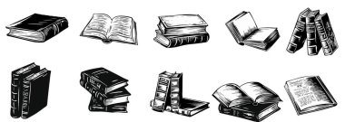 Siyah ve Beyaz Çizim Klasik Kitaplar Koleksiyonu. Çeşitli Pozisyonlarda Açık ve Kapalı Kitaplar