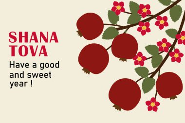 Rosh Hashanah Nar Dalları ve Çiçekleri ile tebrik kartı. Shana Tova. İyi ve tatlı bir yıl geçirin! Moda modern sanat tarzı tebrik kartı, kapak, tatil web pankartı, poster tasarımı.