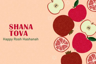 Shana Tova. Elmalı ve Nar 'lı Rosh Hashanah tebrik kartı. Yahudi Yeni Yıl Kutlaması. Moda modern sanat tarzı tebrik kartı, kapak, tatil web pankartı, poster tasarımı.