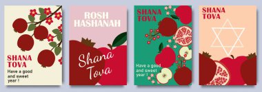 Rosh Hashanah, Nar, Elma ve Davut Yıldızı ile hazırlanmış tebrik kartları. Shana Tova. Yahudilik Shana Tova Tatil Vektör Geçmişi. Kutlama Olay Daveti Ayarları.