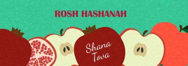 Rosh Hashanah Elma ve Nar Banner 'ı selamlıyor. Shana Tova. Yahudi Yeni Yıl Şablon Tasarımı Moda Modern Sanat Tarzı Tebrik Kartı, Kapak, Tatil Web Afişi, Poster.