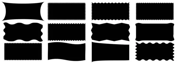 Grafik tasarımı için dekoratif kenarlı pul çerçevelerini ayarla. Geometrik zig zag dalgalı çıkartmalar. Dikdörtgen şekilli çerçeve, zikzak kenarlı. Dikdörtgen çizgili eğri kutu ögesi.