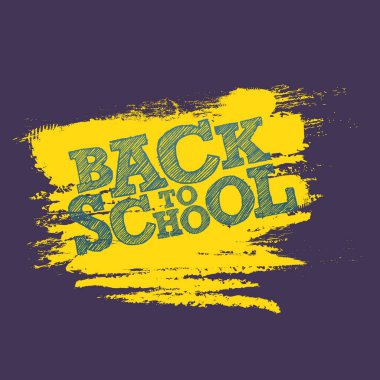 Okula geri dön. Mor arka planda grunge tarzı sarı fırça darbesi metni. Öğrenme, bilgi, okul konsept şablonu.