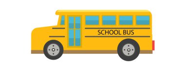 Okula dönelim. Eğitim ve ulaşım konsepti için sarı okul otobüsü vektör ilüstrasyonu. Otomobil okul otobüsü. Halk gezisi kamyonu. Etiket, poster, afiş, şablon için..
