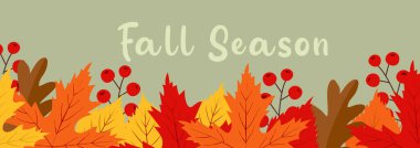 Sonbahar yaprakları ve güz mevsimi yazılı böğürtlenler mevsimlik dekorasyon için yeşil arka planda. Sonbahar sezonu. Sonbahar şirin tasarım elementleri