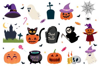 Renkli Cadılar Bayramı ikonu koleksiyonu. Balkabağı, hayalet, cadı şapkası, mezar taşı, örümcek ağı, siyah kedi, şeker, perili ev, ölüm meleği. Cadılar Bayramı dekorasyonu, çıkartması, kartı ve partisi için mükemmel..