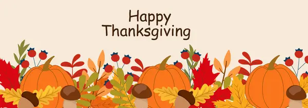 Balkabağı ve sonbahar yapraklı Şükran Günü bayrağınız kutlu olsun. Şükran Günü için renkli sonbahar doğa illüstrasyonu, web afişi, reklam afişi, pazarlama.